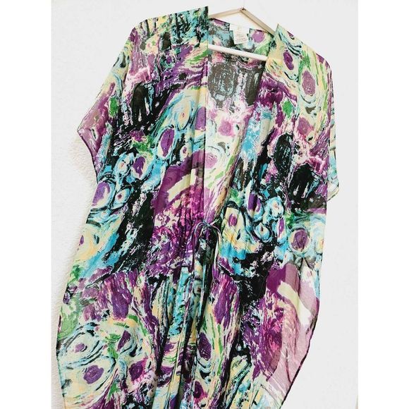 Tropical Kimono Multicolor Swim Cover Open Tie Front Duster One Size Fits Most - Picture 2 of 8